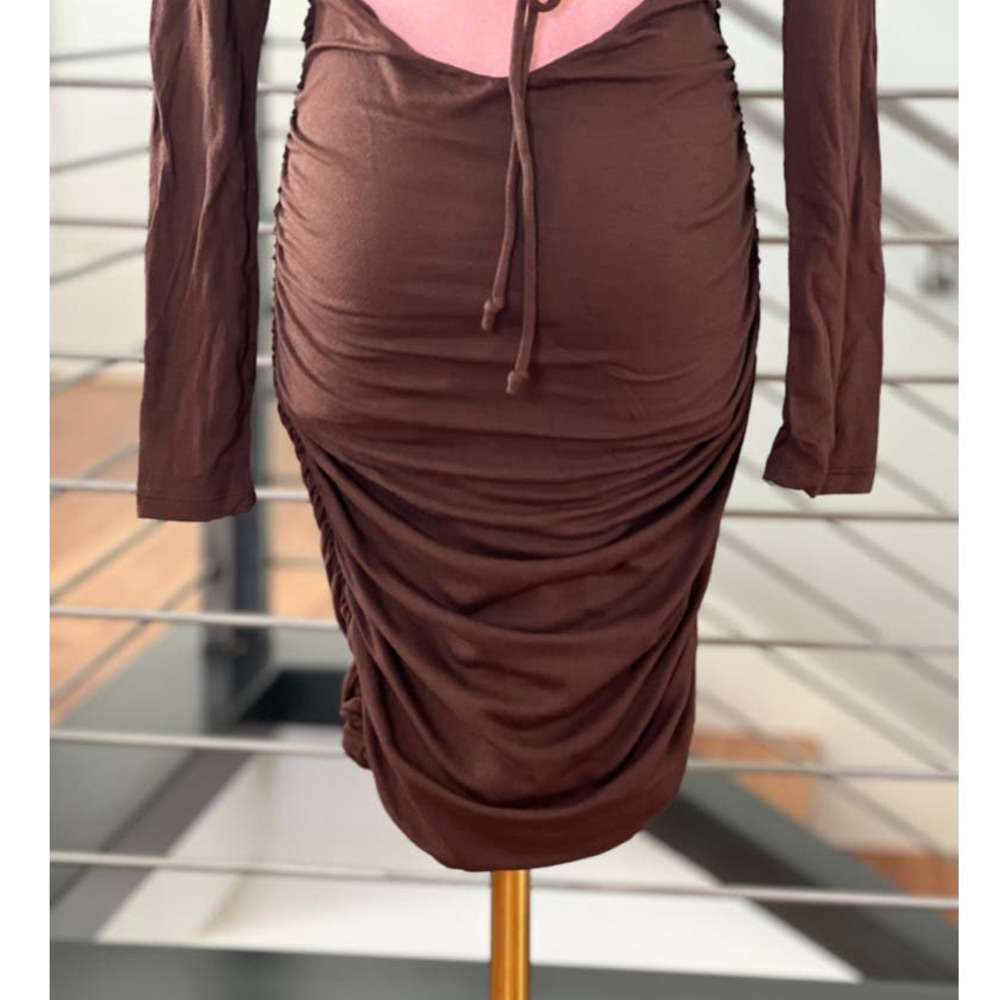 Naked Wardrobe Ruched Long Sleeve Back Cutout Mini Dress in Chocolate - Picture 7 of 11